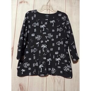 Palm Grove Women Large Black Tropical Fish Palm Tree Button Front Shirt Stretch‎